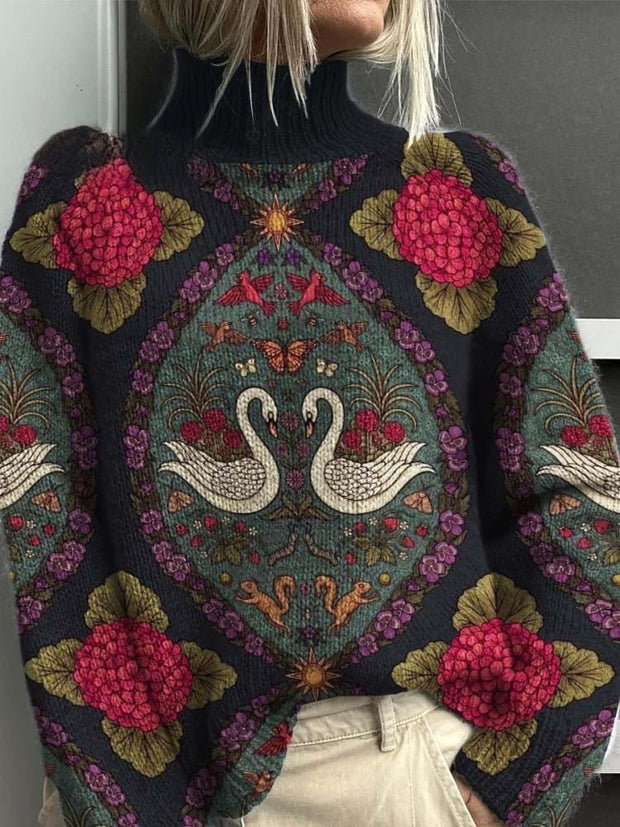 Vintage Swans and Flowers Decorative Pattern Knit Turtleneck Pullover Sweater