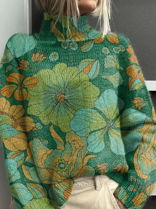 Gentle Green Floral Plant Decorative Pattern Knit Turtleneck Pullover Sweater