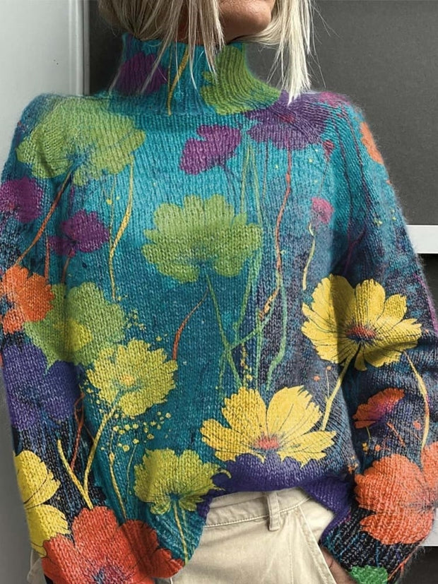 Colorful Flower Decorative Pattern Knit Turtleneck Pullover Sweater