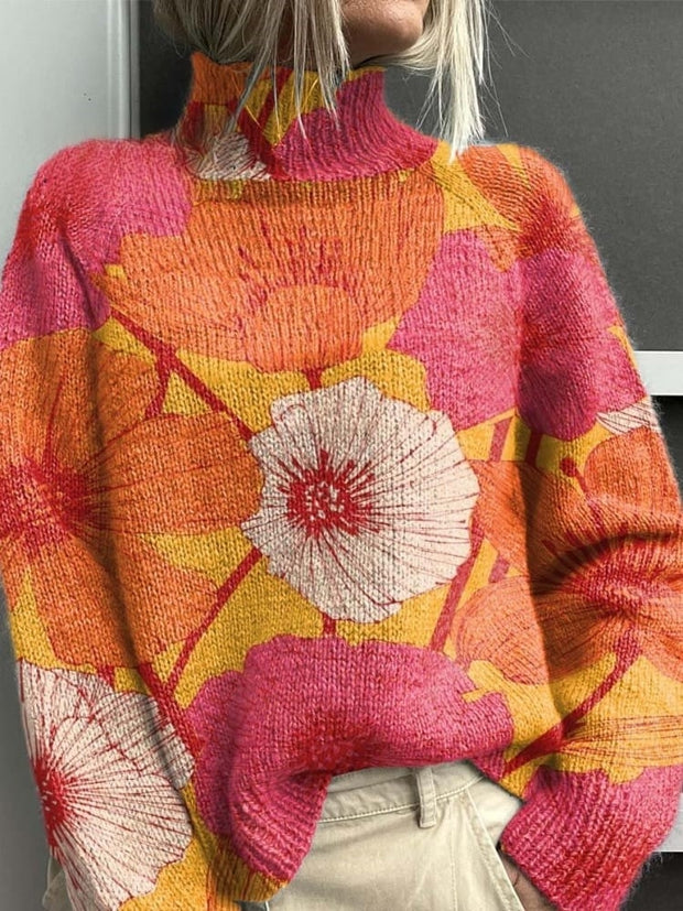 Orange and Yellow Flowers Decorative Pattern Knit Turtleneck Pullover Sweater