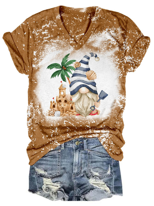 Sand Castle Gnome Tie Dye V Neck T-shirt