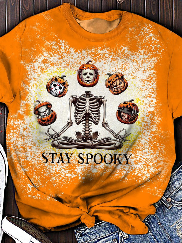 Women's Halloween Skull Pumpkin Crew Neck T-shirt