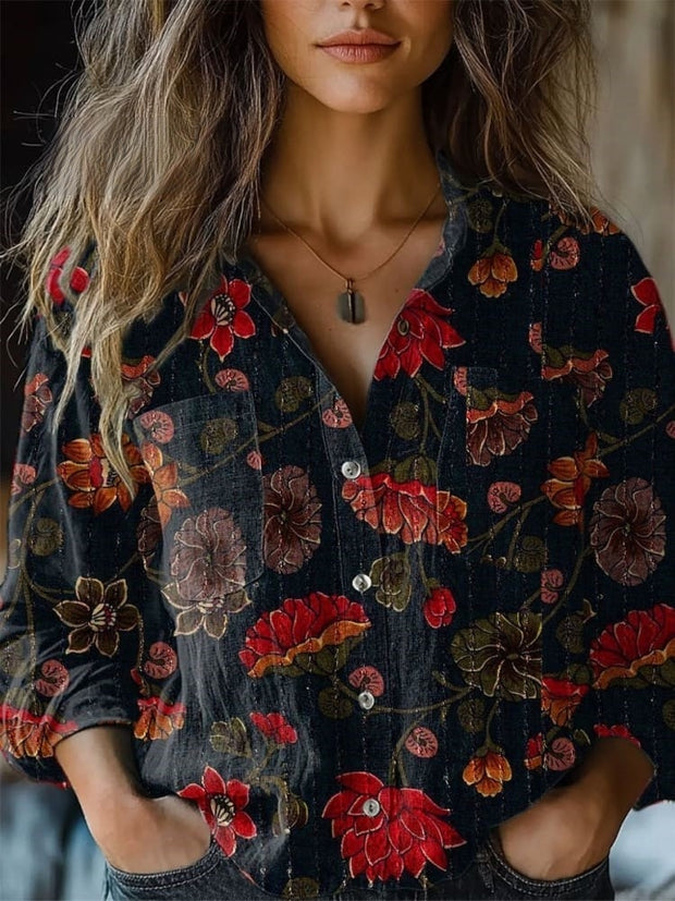 Women's Retro Floral Print Casual Long Sleeve Comfortable Cotton Shirt