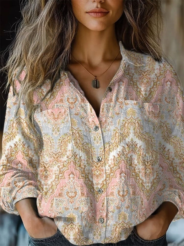 Women's Retro Floral Print Casual Long Sleeve Comfortable Cotton Shirt