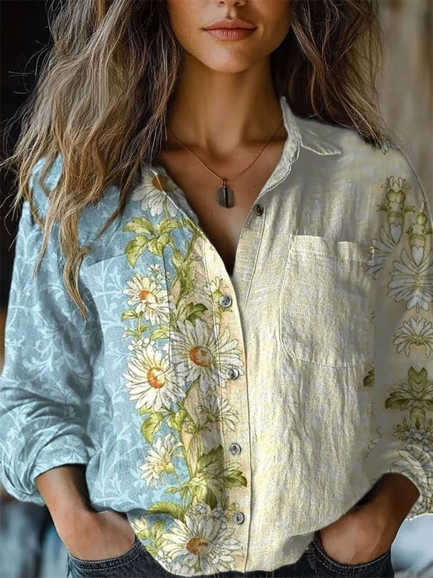 Women's Retro Floral Print Casual Long Sleeve Comfortable Cotton Shirt