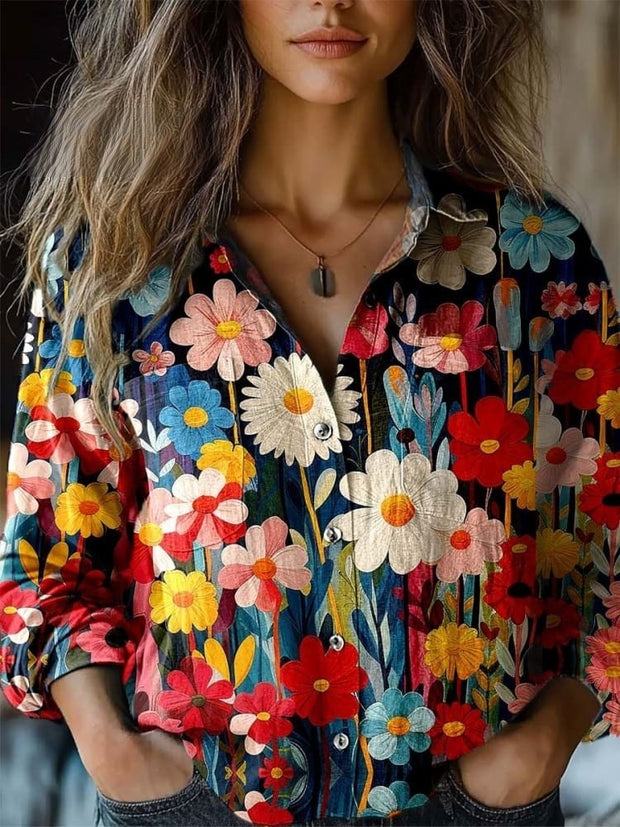 Women's Flower Print Casual Long Sleeve Comfortable Cotton Shirt