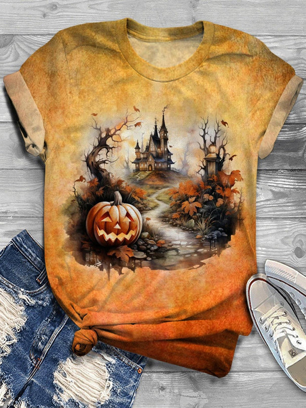 Watercolor Halloween Landscape Crew Neck T-shirt