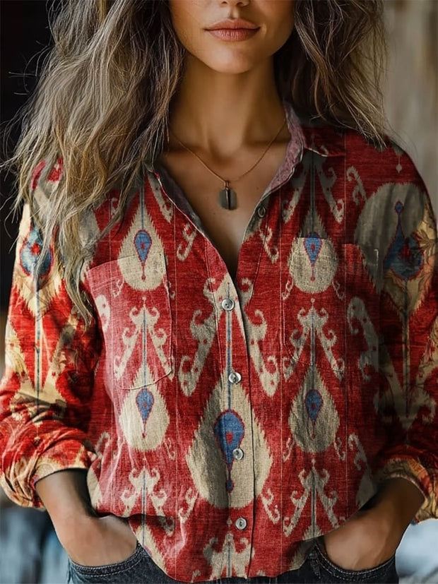 Women's Retro Ethnic Print Casual Long Sleeve Comfortable Cotton Shirt