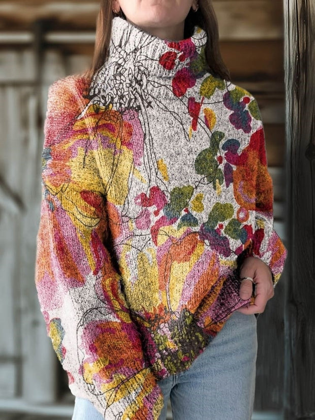 Women's Colorful Flower Boho Print Knit Turtleneck Pullover Sweater