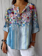 Fashionable Bright And Gentle Flowers Printed Cotton And Linen Shirt