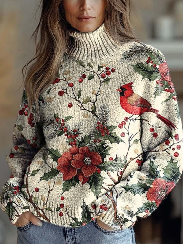 Women's Lovely Floral Birds Art Print Knit Turtleneck Pullover Sweater