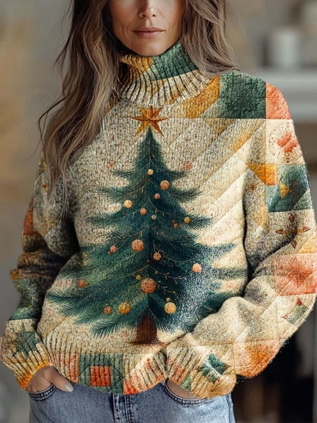 Women's Lovely Christmas Tree Art Print Knit Turtleneck Pullover Sweater