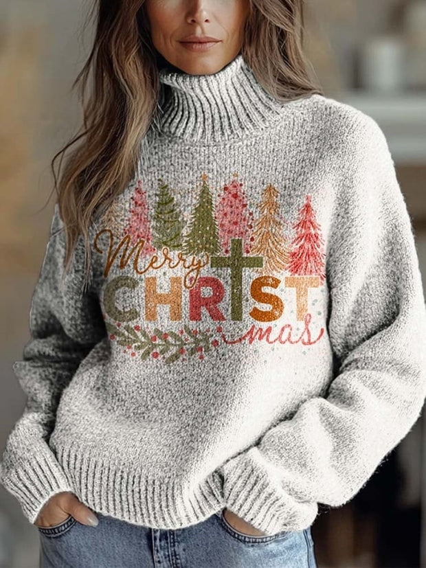 Women's Merry Christ Art Print Knit Turtleneck Pullover Sweater