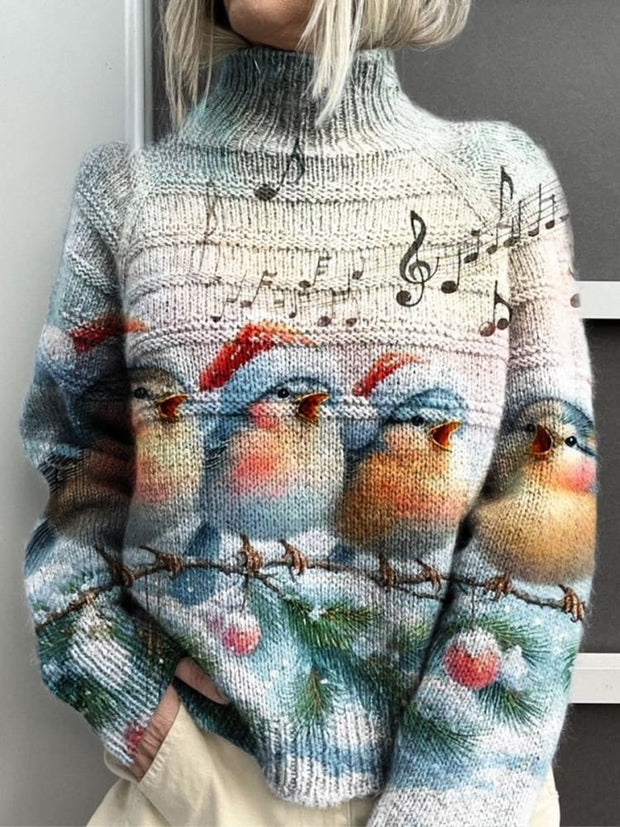 Christmas Bird Print Knit Turtleneck Pullover Sweater