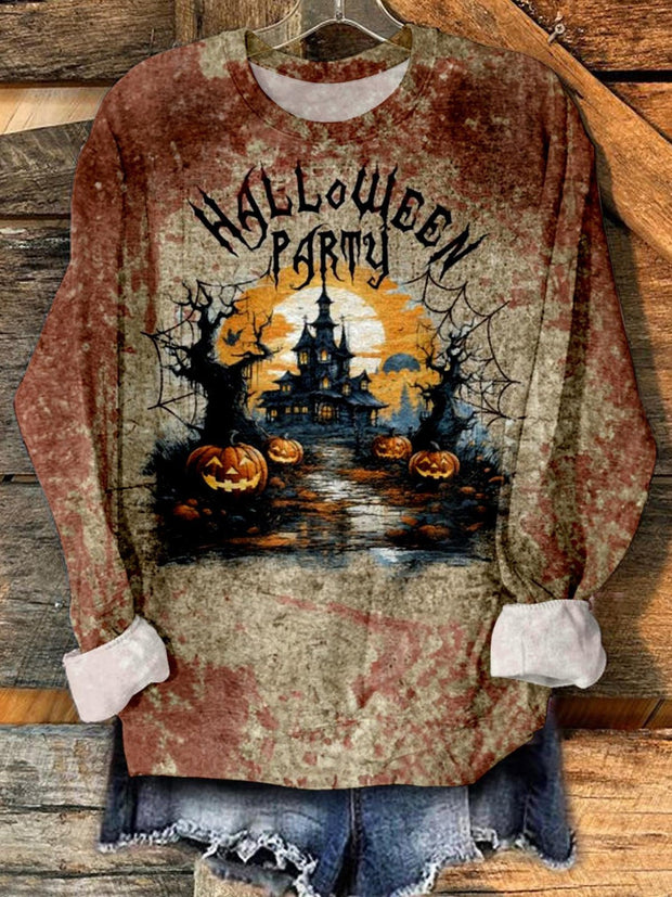 Retro Halloween Printed Long Sleeve Casual Top