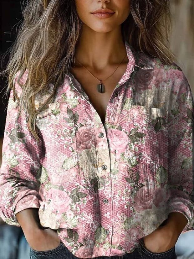 Women's Vintage Floral Print Casual Western Shirt