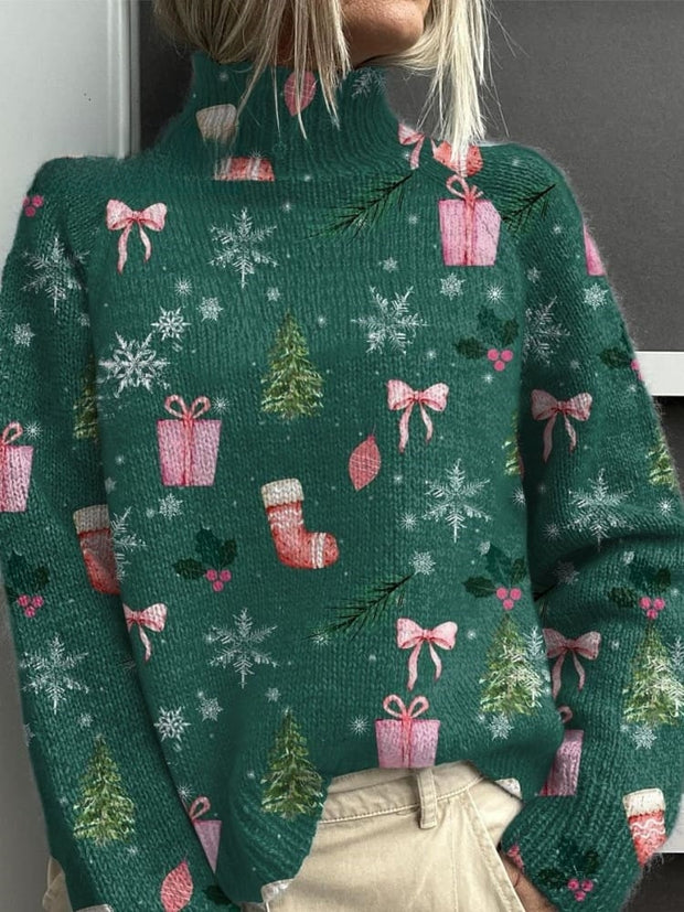 Vintage Christmas Print Knit Turtleneck Pullover Sweater