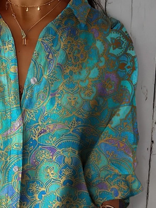 Elegant Ethnic Pattern Printed Three-Quarter Sleeves Cotton And Linen Shirt