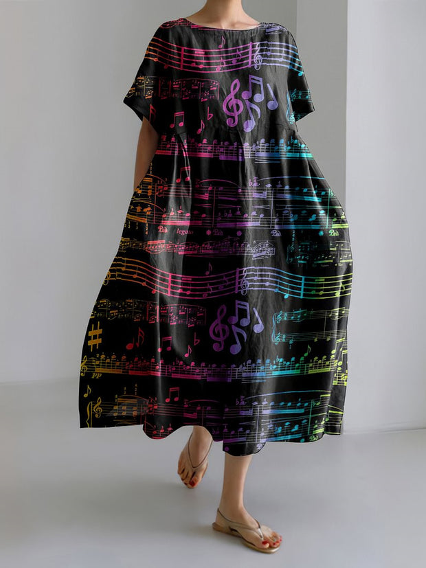 Abstract Colorful Musical Notes Print Loose Midi Dress