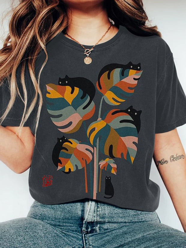 Abstract Creative Cute Black Cats In Colorful Leaf Painting Art T-Shirt