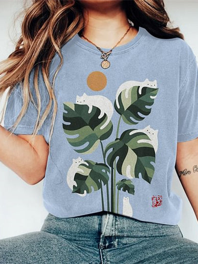 Abstract Creative Cute Cat And Plant Sun Painting Art T-Shirt
