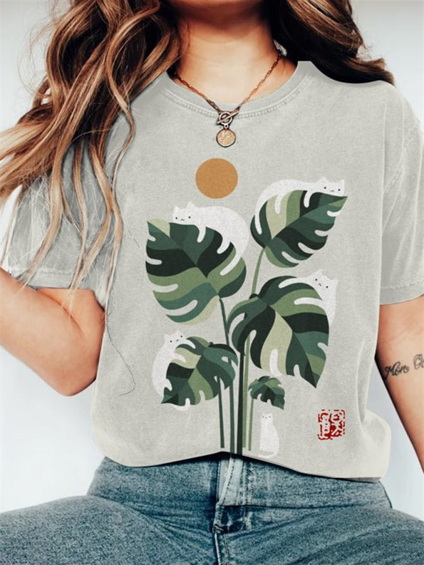 Abstract Creative Cute Cat And Plant Sun Painting Art T-Shirt
