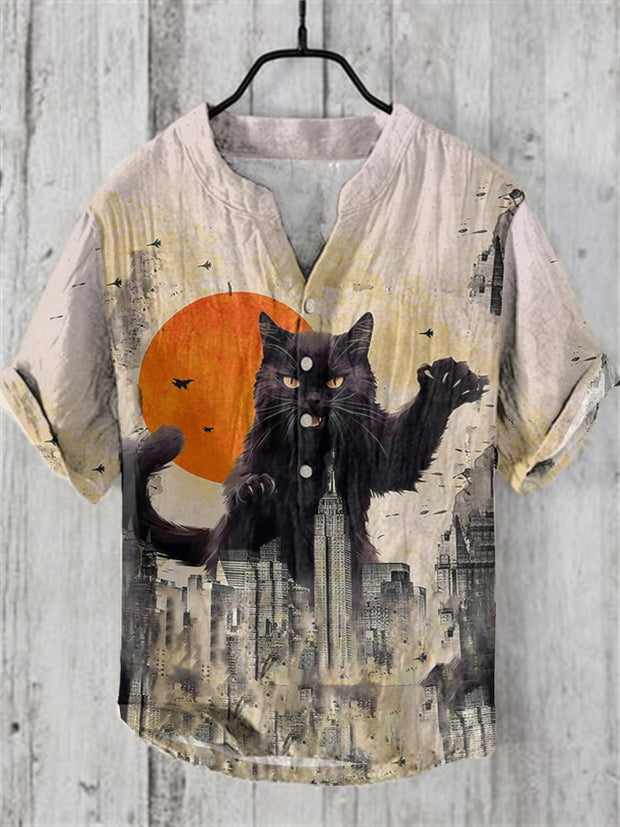 Abstract Creative Fighting Catzilla In The City Pattern Print Linen Blend Shirt