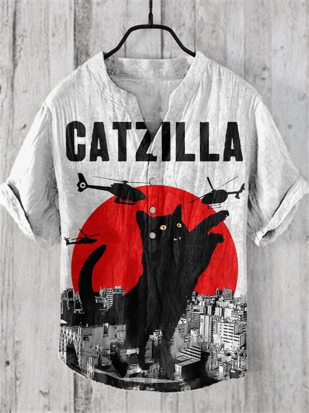 Abstract Creative Funny Catzilla In The City Pattern Print Linen Blend Shirt