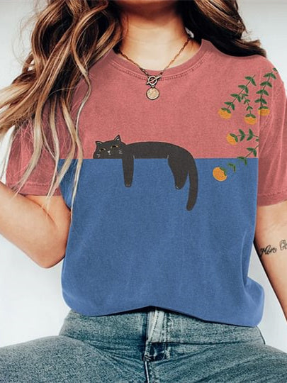 Abstract Creative Lazy Black Cat Painting Art T-Shirt