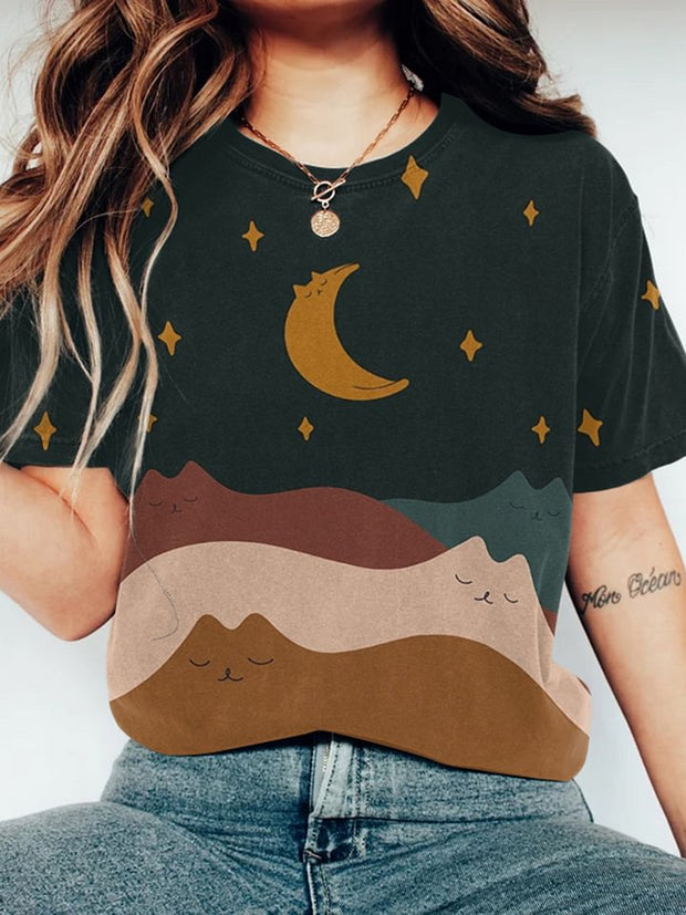 Abstract Creative Moon Cat Painting Art T-Shirt