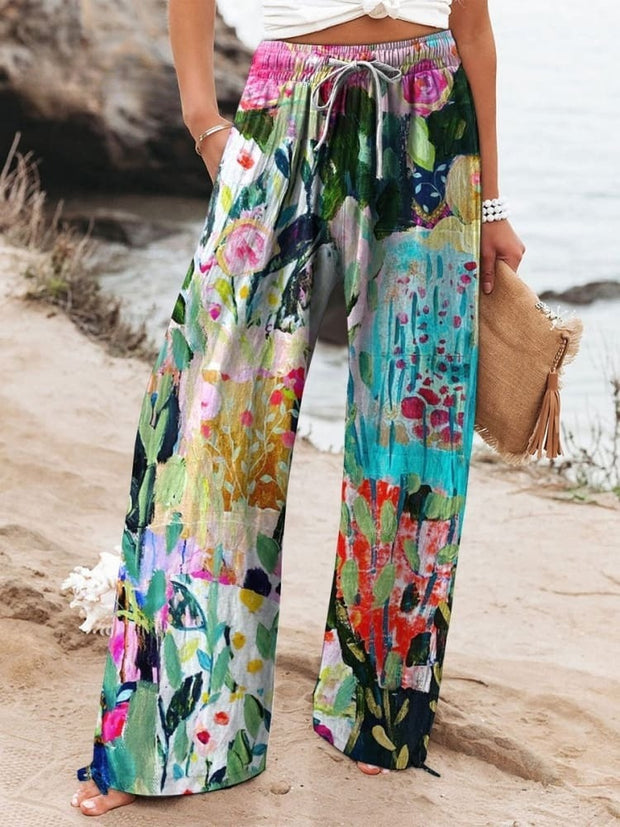 Abstract Floral Garden Printed Women's Cotton And Linen Casual Pants