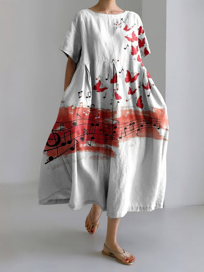 Abstract Flying Butterfly Musical Notes Print Loose Midi Dress