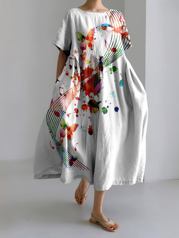 Abstract Flying Colorful Musical Notes Print Loose Midi Dress