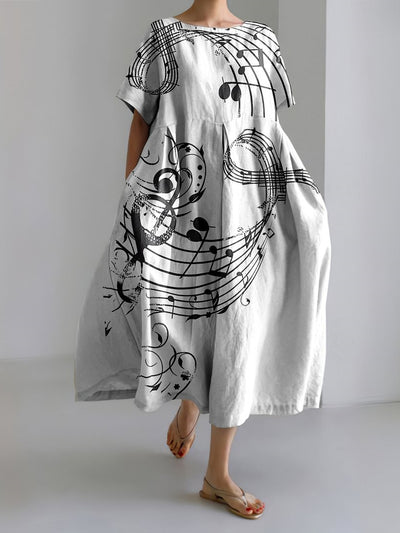 Abstract Flying Musical Notes Print Loose Midi Dress