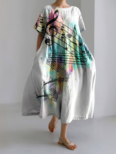 Abstract Flying Rainbow Musical Notes Print Loose Midi Dress