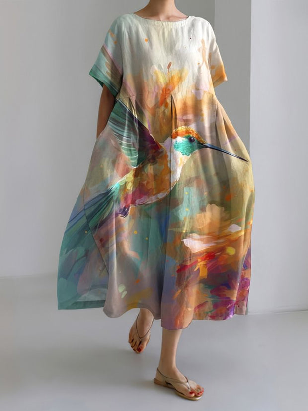 Abstract Hummingbird Pattern Crew Neck Dress