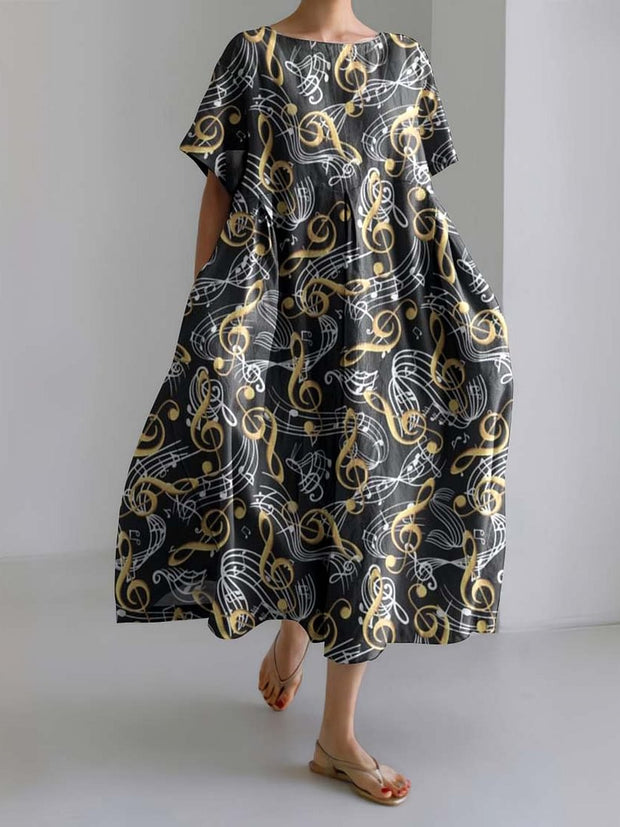 Abstract Music Notes Treble Clef Black and Gold Print Loose Midi Dress