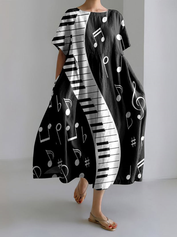 Abstract Musical Note Pattern Contrast Piano Score Print Loose Midi Dress