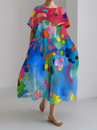Abstract Oil Painting Print Short Sleeve Loose Midi Dress