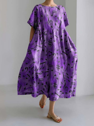 Abstract Scattered Music Notes on Purple Print Loose Midi Dress