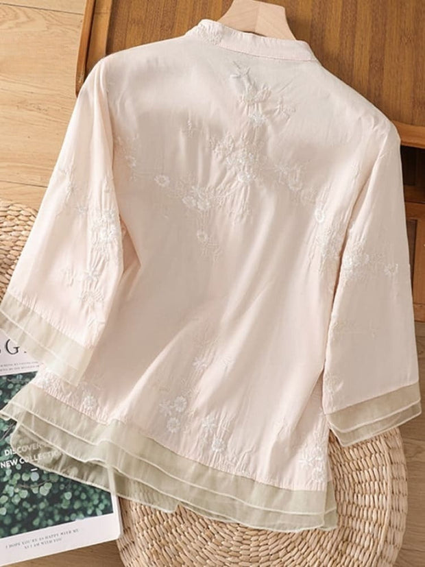 Art Retro Embroidery 3/4 Sleeve Patchwork Shirt