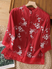 Art Retro Embroidery 3/4 Sleeve Patchwork Shirt