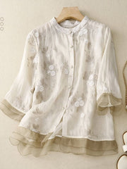 Art Retro Embroidery 3/4 Sleeve Patchwork Shirt