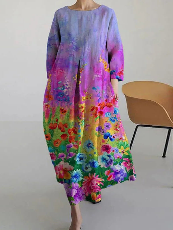 Artistic Abstract Floral Print Crew Neck Casual Midi Dress