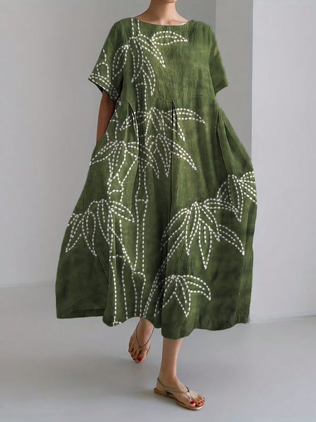 Bamboo Japanese Sashiko Art Linen Blend Maxi Dress