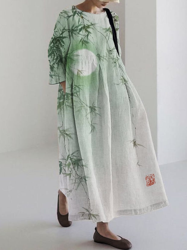 Bamboo Leaves Full Moon Japanese Watercolor Linen Blend Maxi Dress