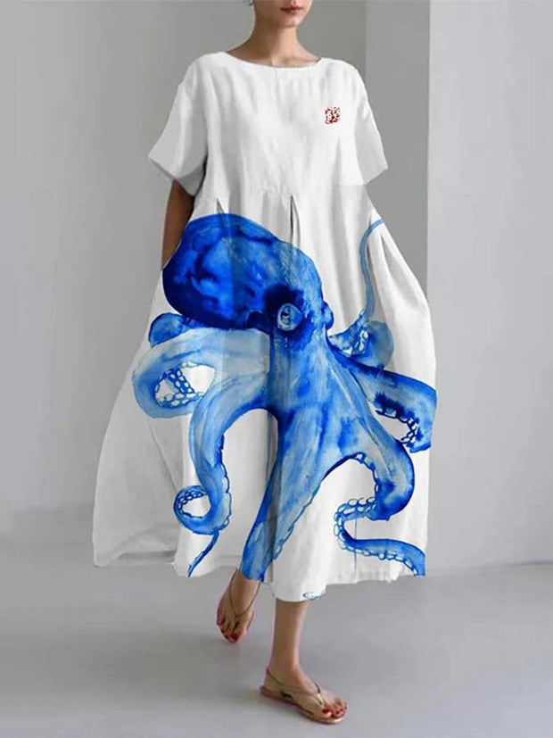 Beach Holiday Deep-Sea Octopus Pattern Linen Women's Dress