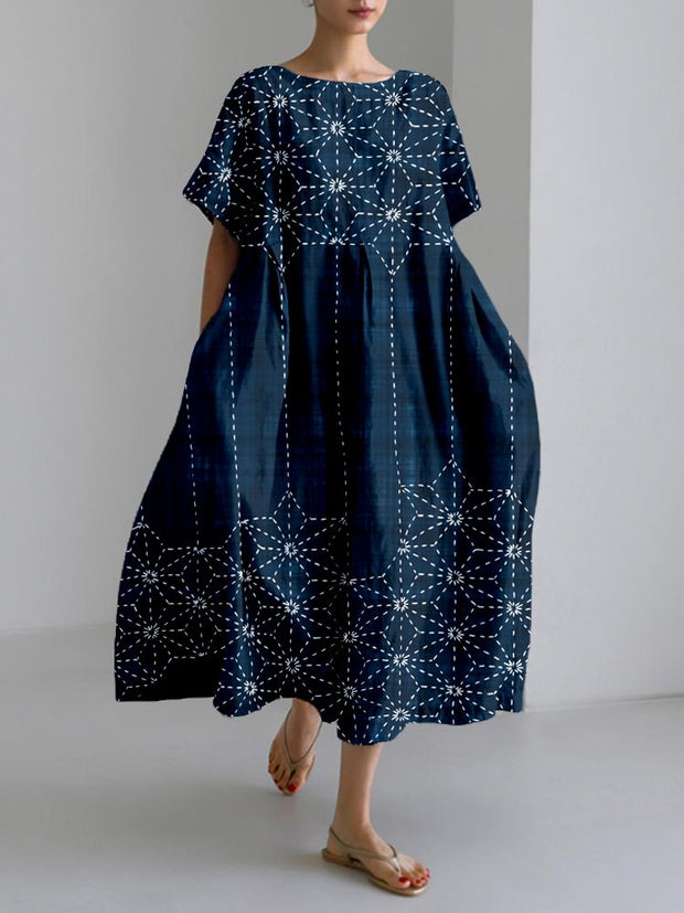 Beautiful Japanese Sashiko Asanoha Pattern Maxi Dress