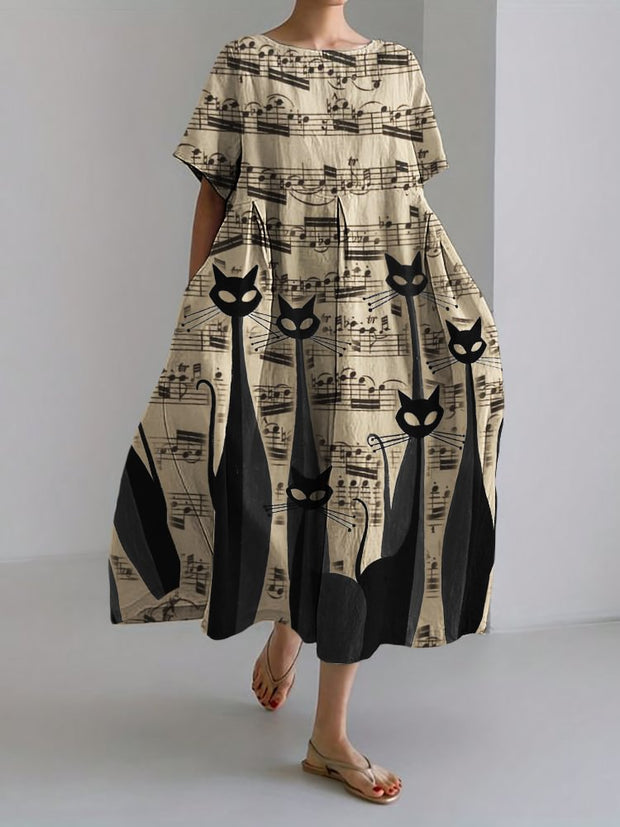 Black Cats Art Sheet Music Linen Blend Maxi Dress