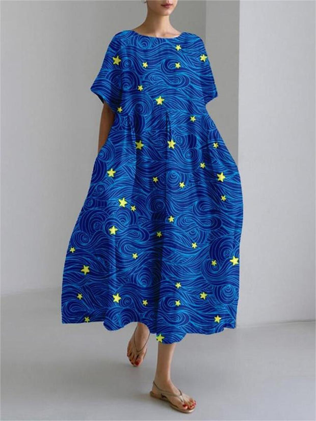 Blue Clouds Stars Print Art Linen Maxi Dress